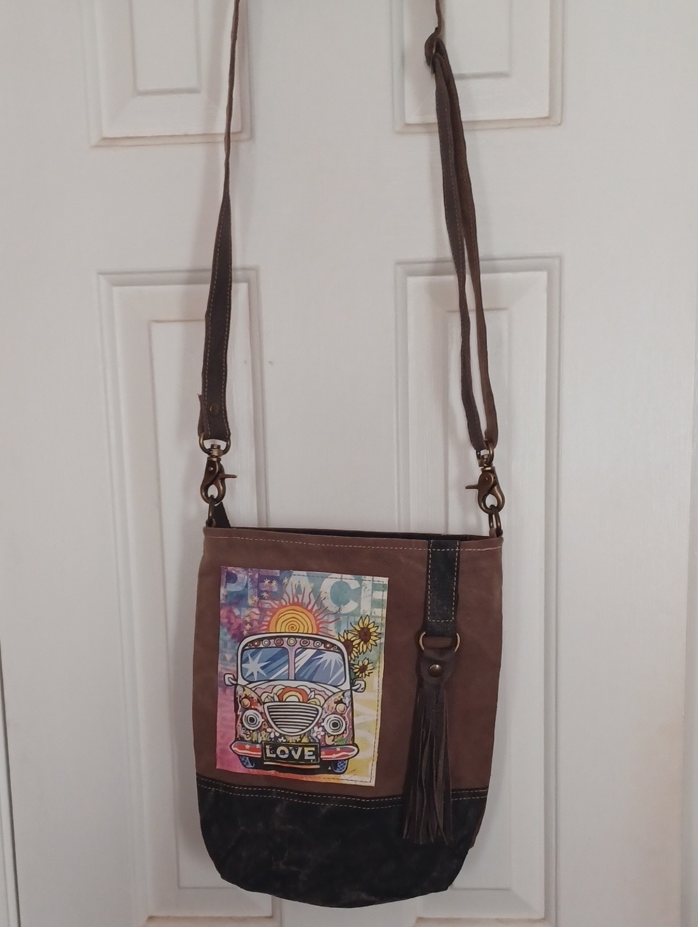 Brown Crossbody Bag with Colorful Van Artwork